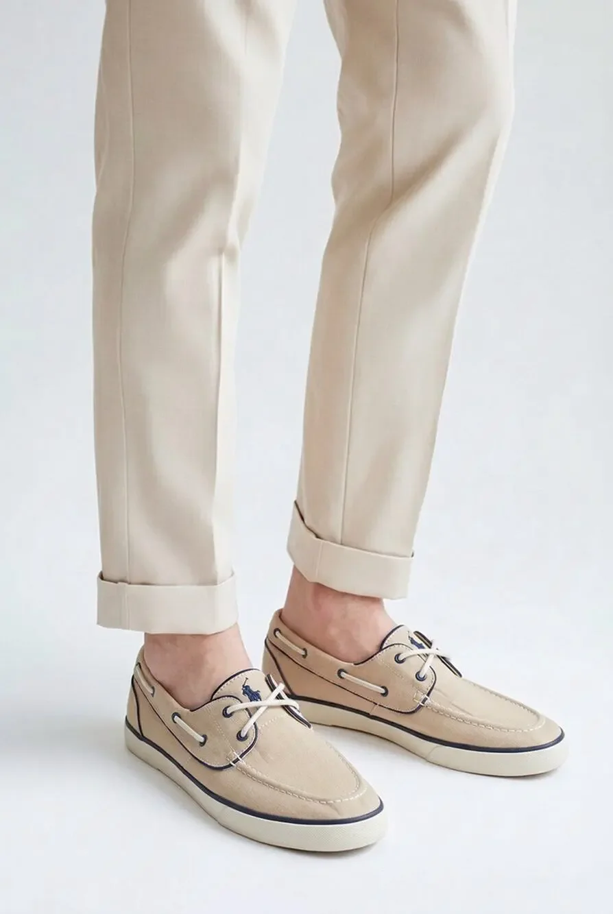 Polo Ralph Lauren Lander Boat Shoes Beige Canvas With Blue Pony Mens Size 12D